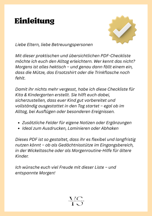 Checkliste Kita & Kindergarten Kinder PDF
