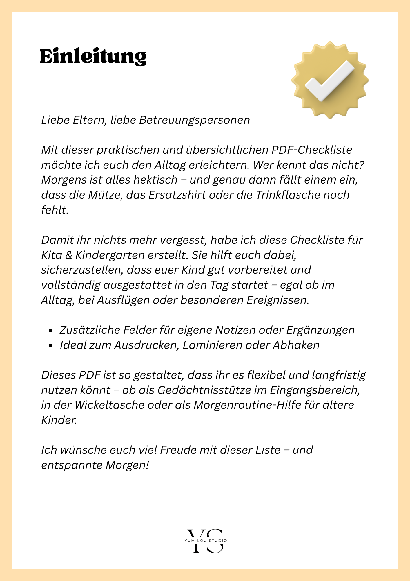 Checklist for daycare and kindergarten children PDF